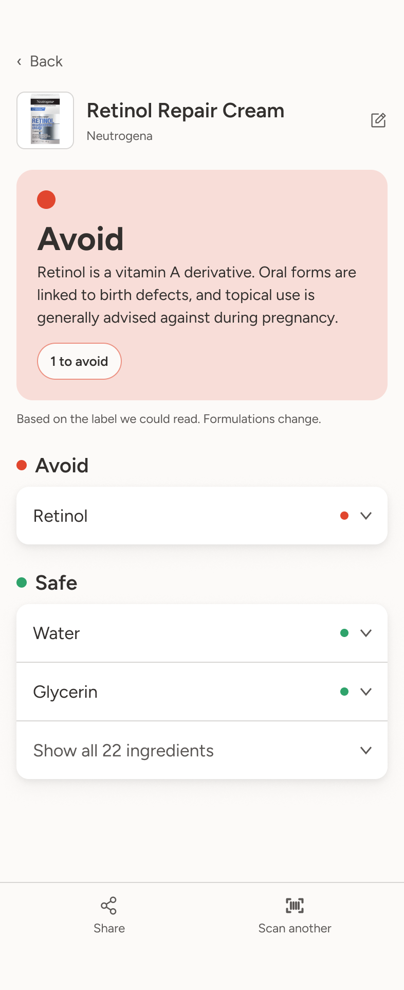 SafeMom result card, avoid verdict