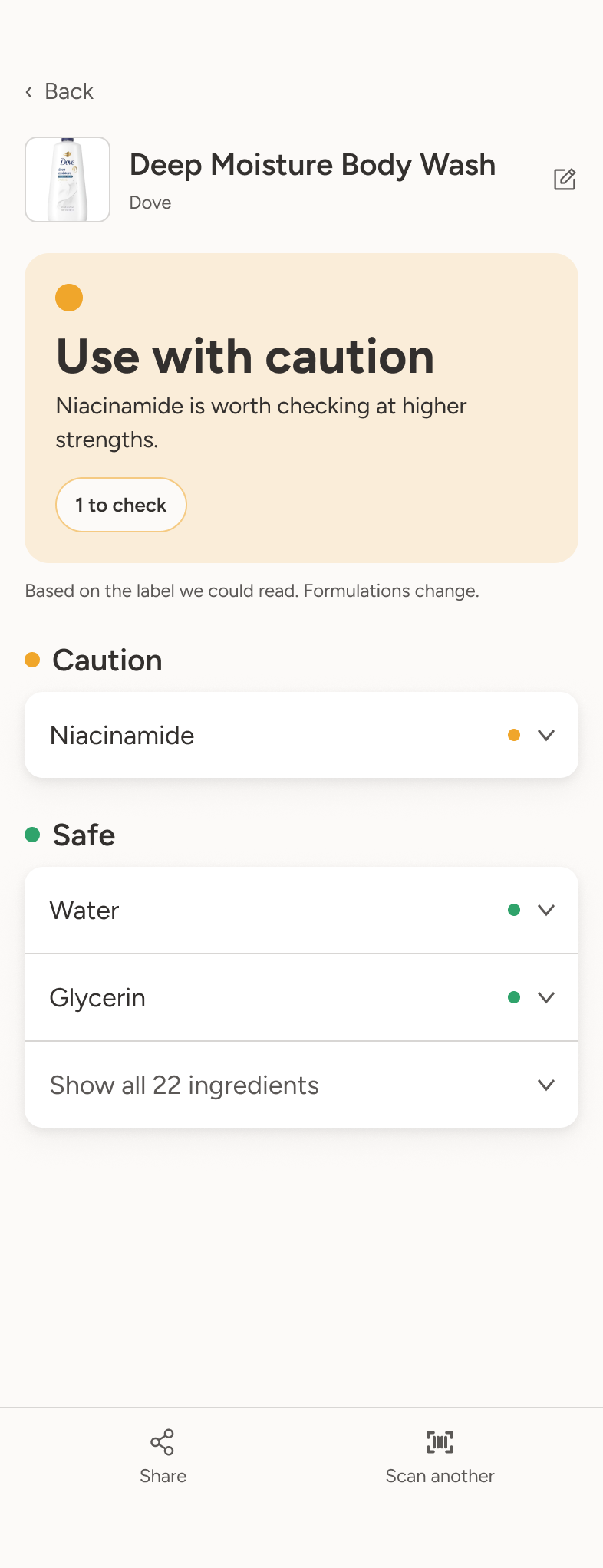 SafeMom result card, caution verdict
