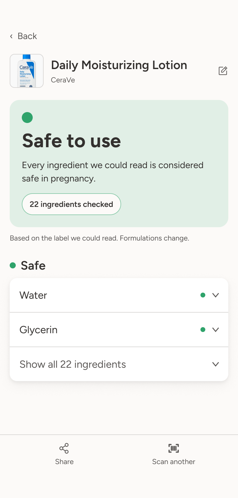 SafeMom result card, safe verdict